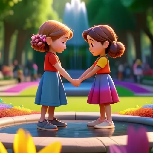 two little girls holding hands in front of a fountain