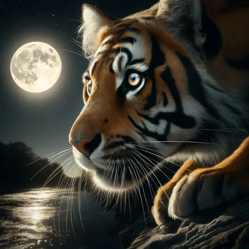 a tiger staring at the moon over a body of water