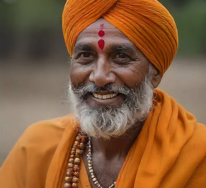 a man with a beard wearing an orange turban