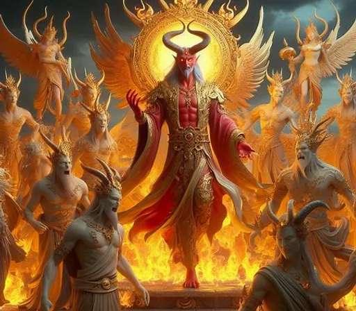 a painting of a demon surrounded by other statues