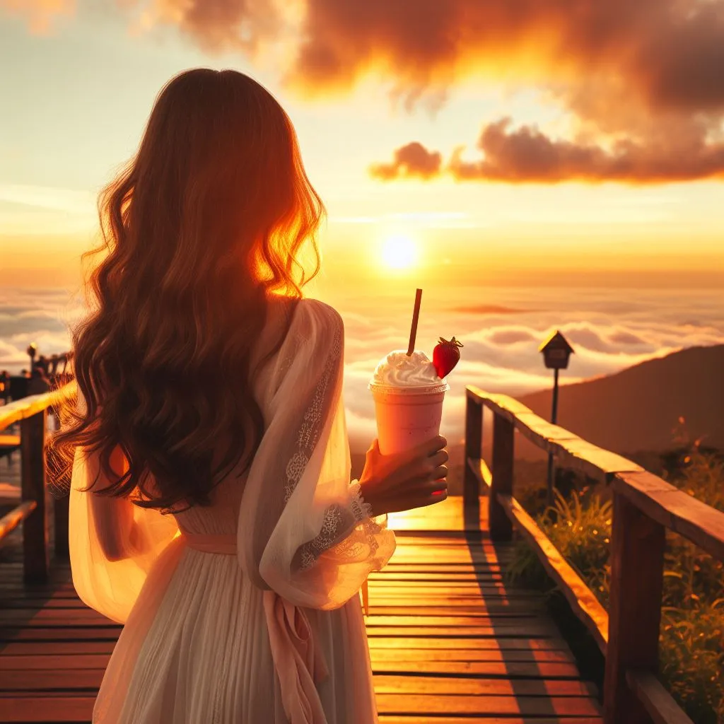 The sun setting in the background, casting a warm golden light, as the woman holds her strawberry milkshake and walks towards the horizon.