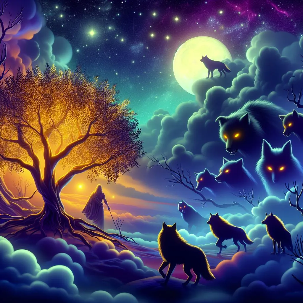 a painting of wolfs in the night sky