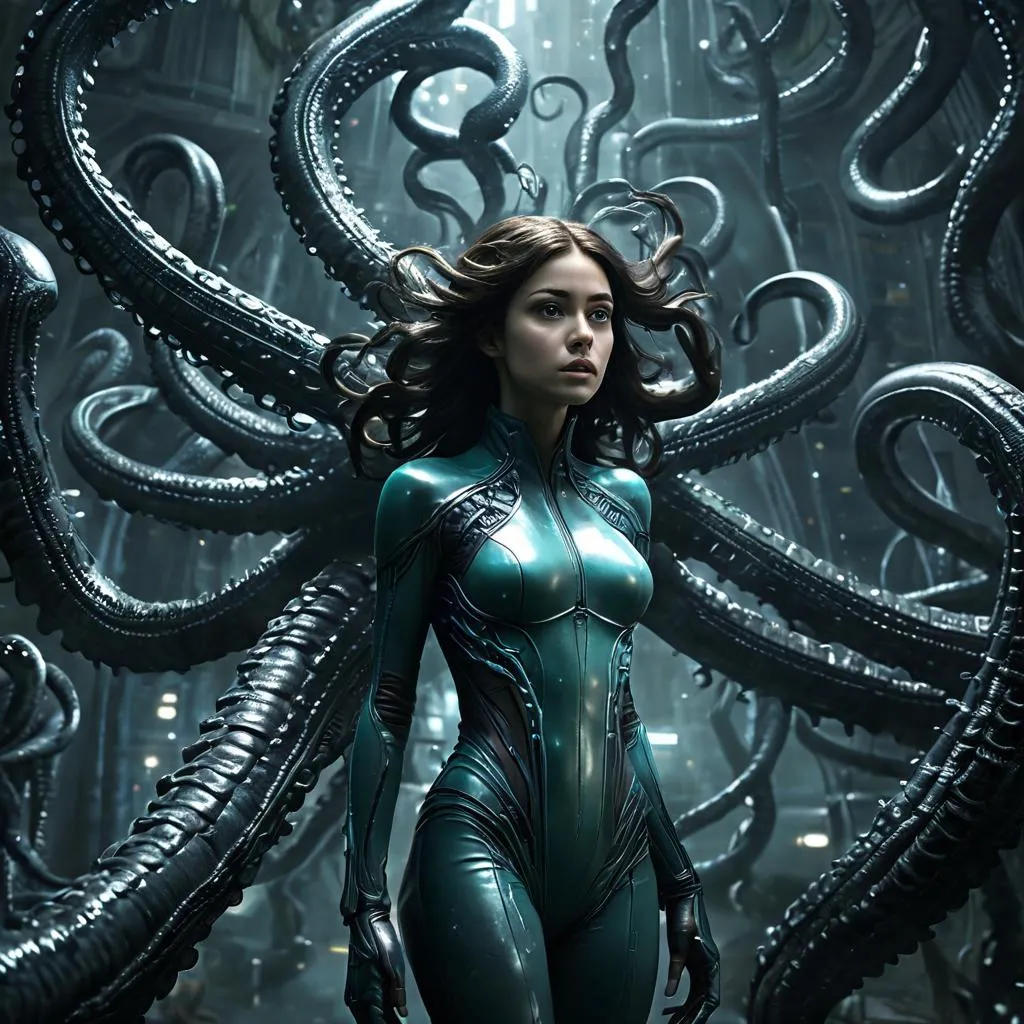 a woman in a futuristic suit standing in front of an octopus