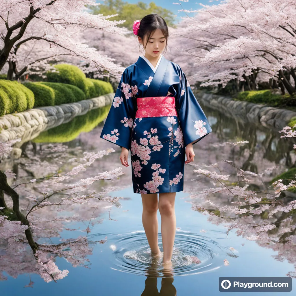 a woman in a kimono standing in the water