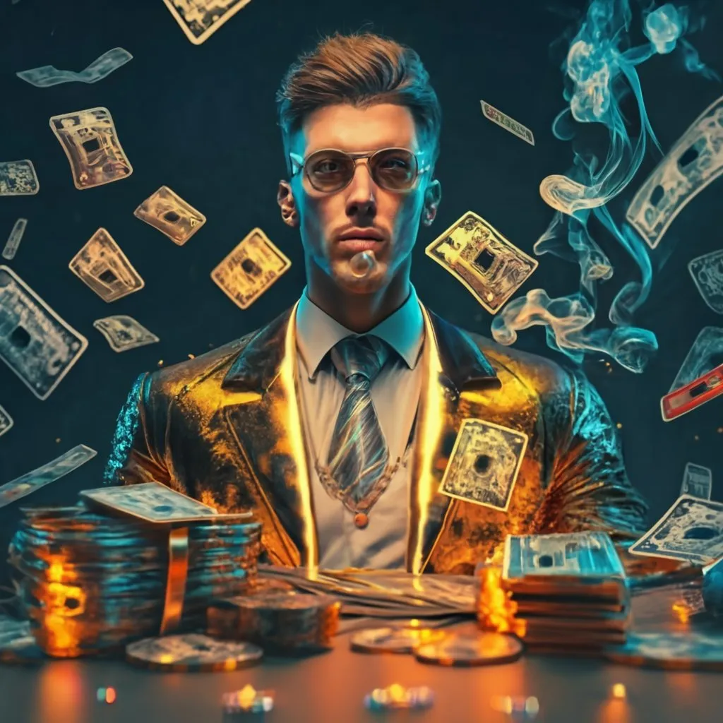 a man sitting at a table surrounded by stacks of money