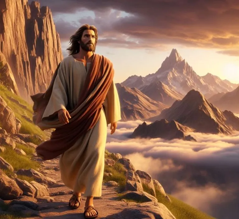 a painting of jesus walking on a rocky path