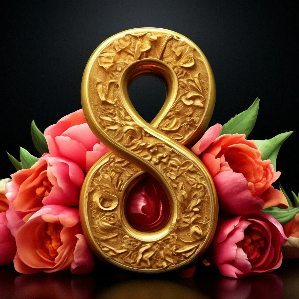 a gold number 8 with flowers around it