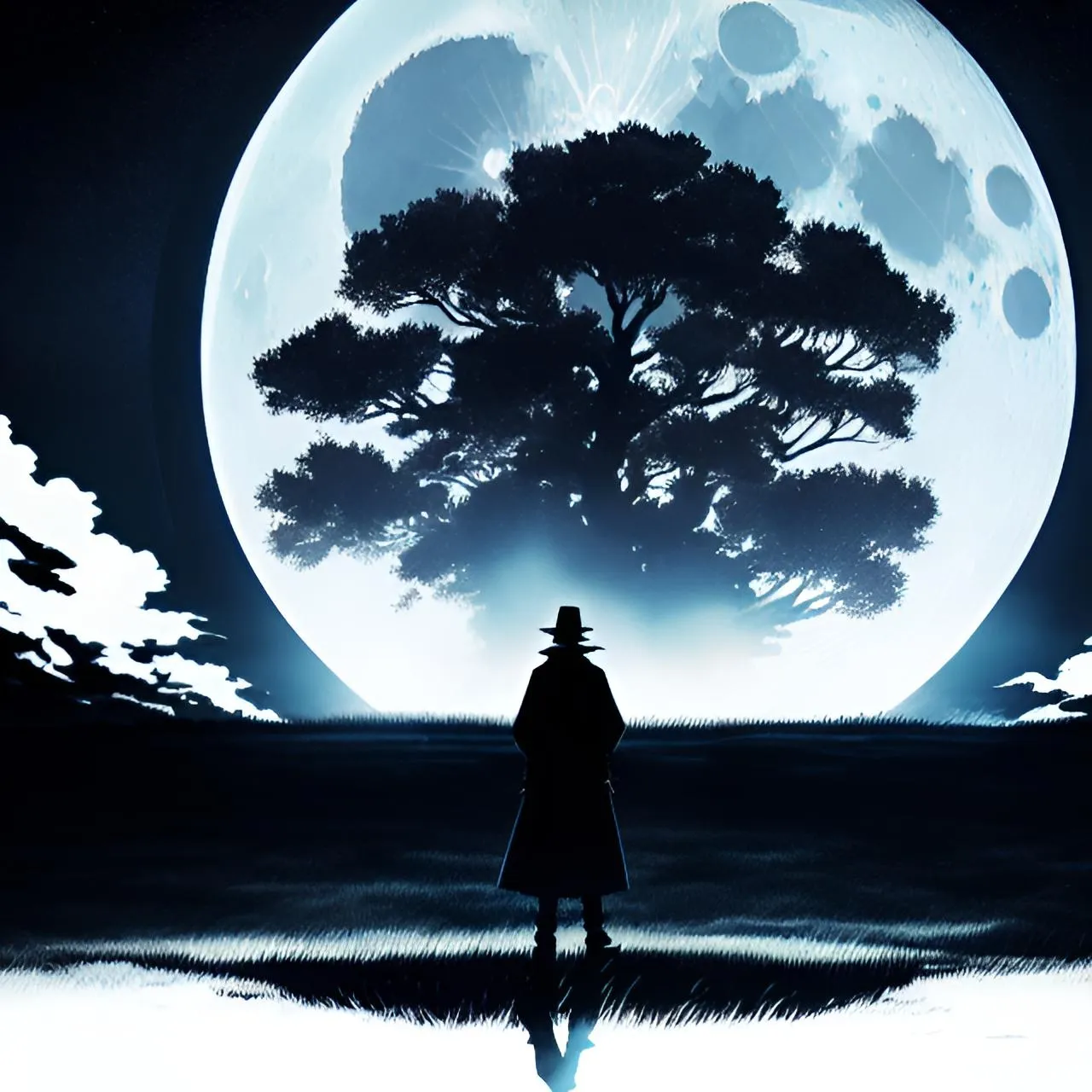 a man standing in front of a full moon