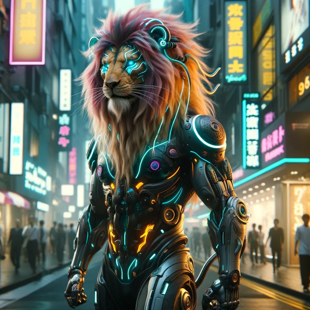 a lion in a futuristic city with neon lights