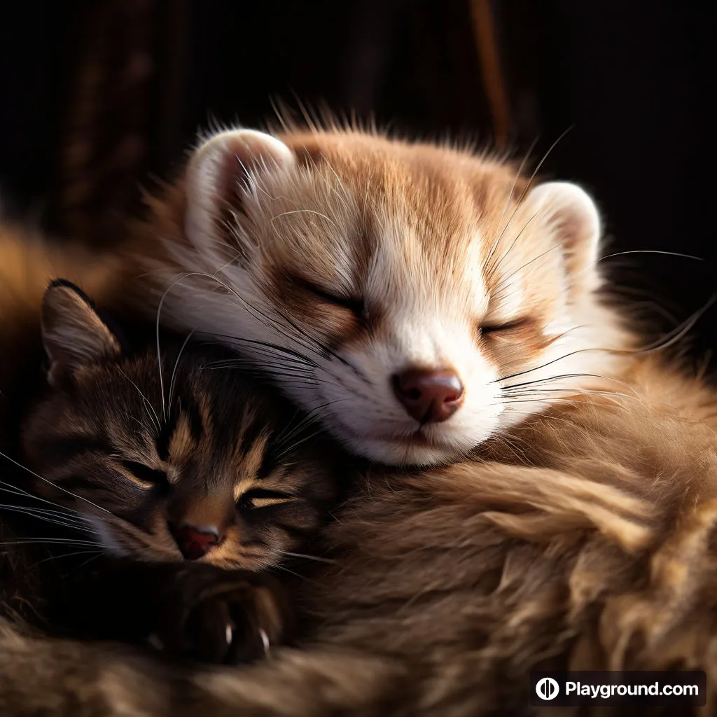 a kitten sleeping next to a sleeping fox