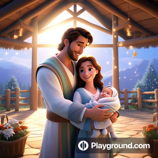 a man holding a baby in a nativity scene