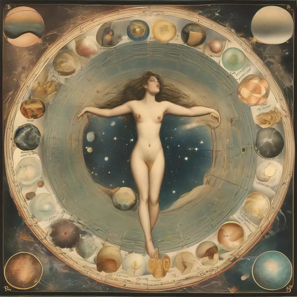 a painting of a woman surrounded by planets