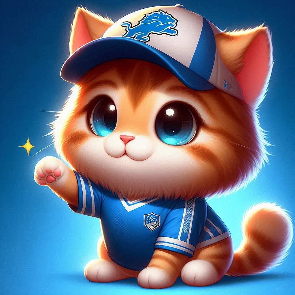 a cute little cat wearing a detroit lions uniform waving