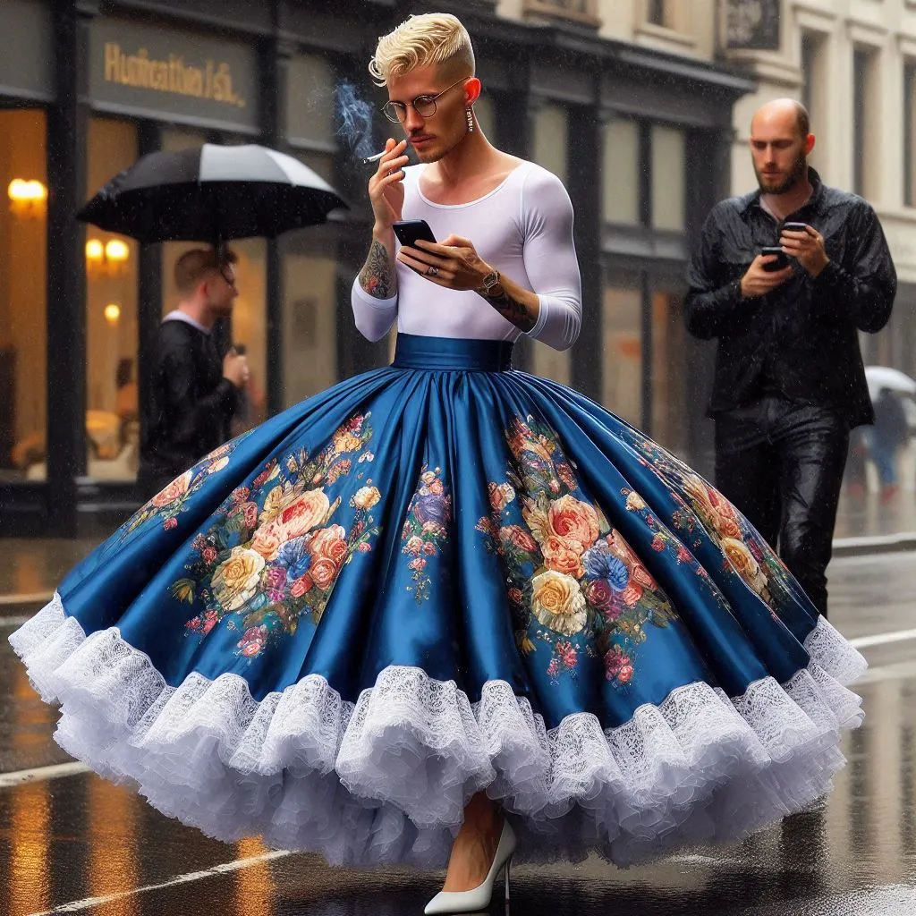 man in a blue and white dress smoking a cigarette