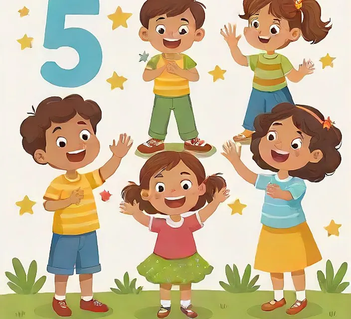 a group of children standing in front of a number five sign