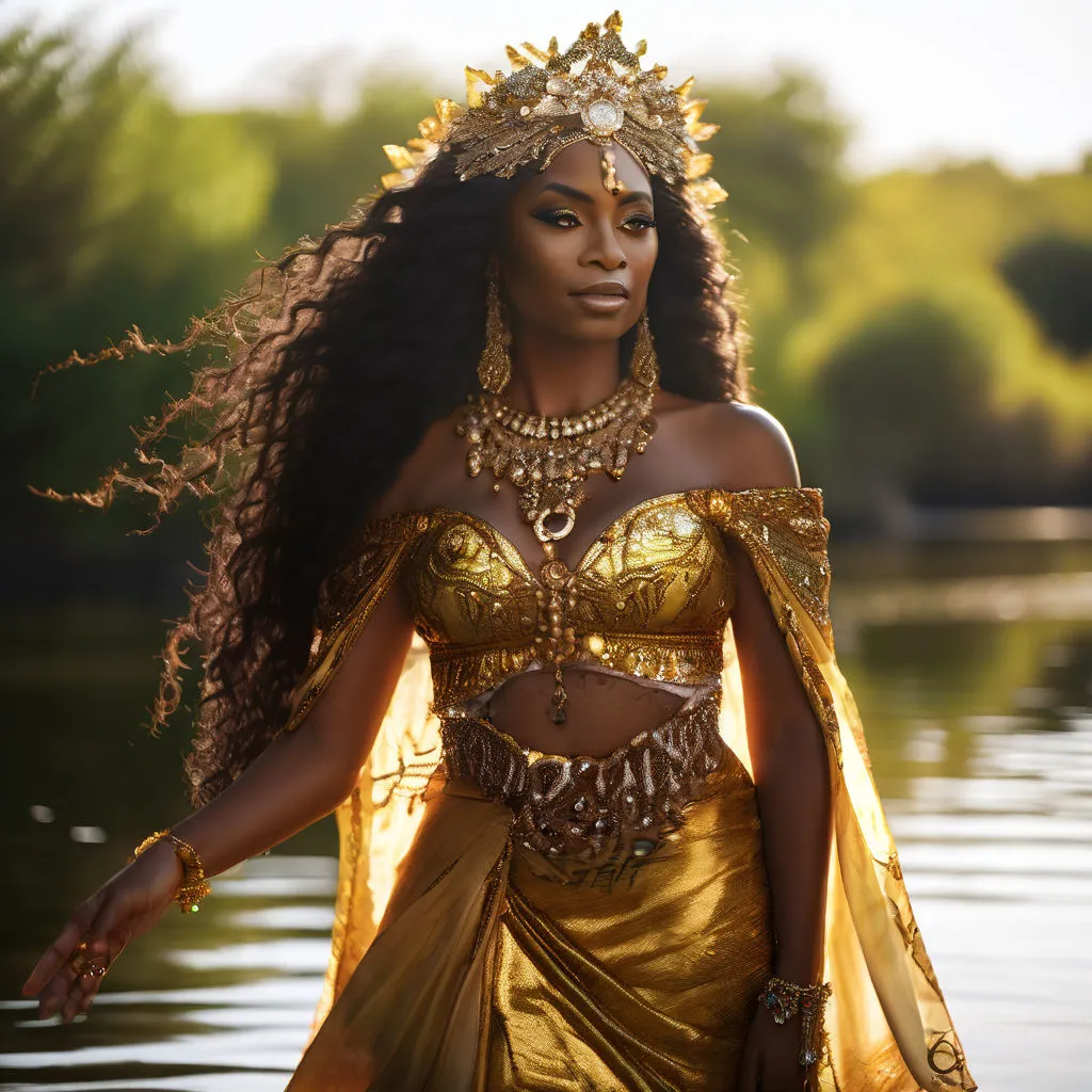 a woman in a gold outfit standing in the water