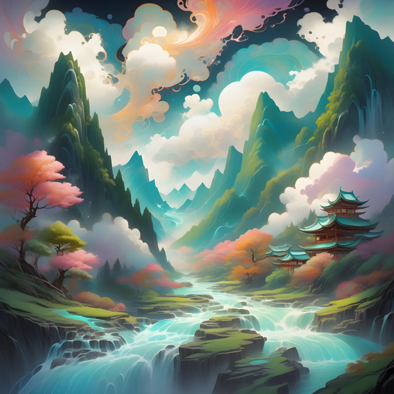 a painting of a waterfall and a mountain