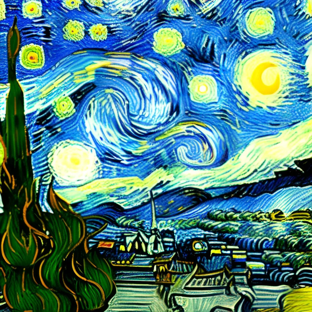 a painting of a starry night over a city