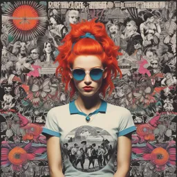 a woman with red hair and sunglasses standing in front of a wall