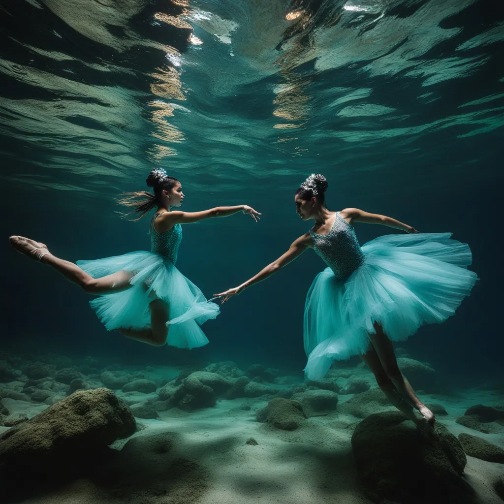 bioluminscent underwater stage of peruvian ballerinas dancing whimsically in their underwater environment, advertising style