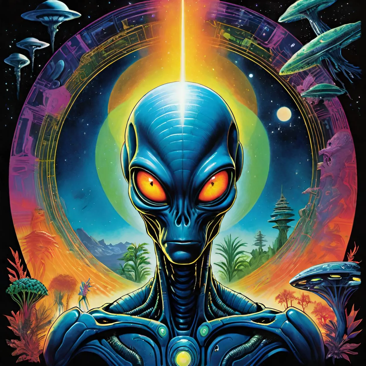 a painting of an alien with glowing eyes