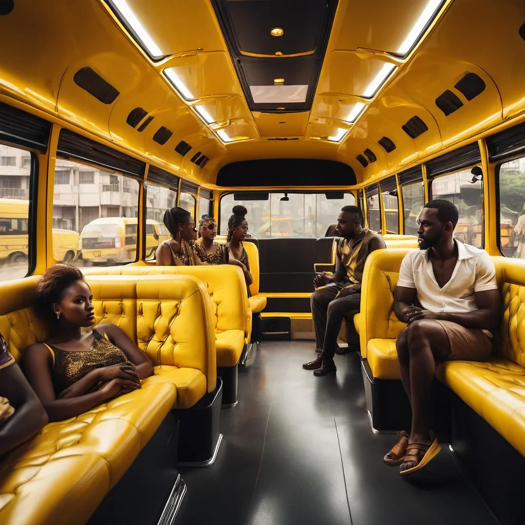 a group of people sitting on a yellow bus