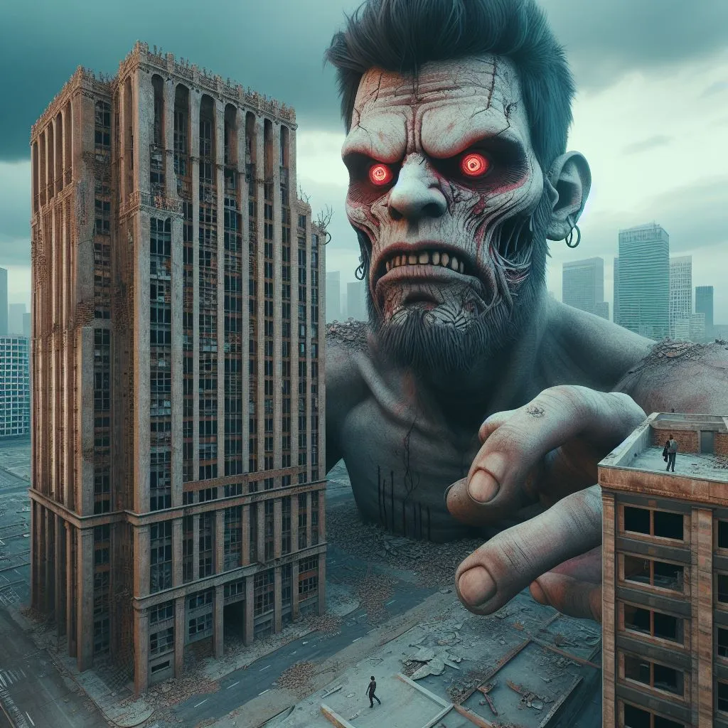 a man with red eyes standing in front of a tall building