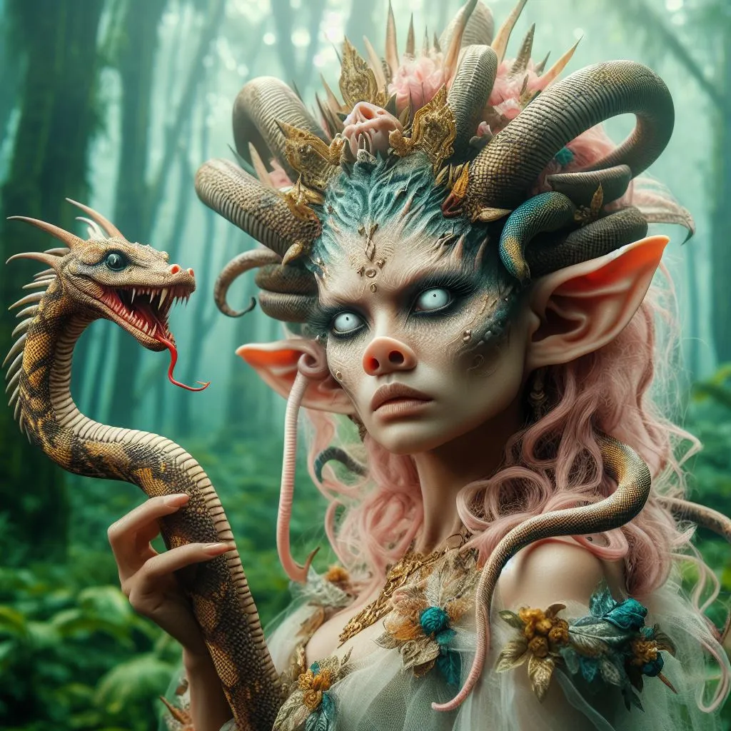 A woman with dragon head and horns holding a snake in a striking galactic landscape