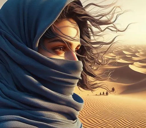 a woman with a blue scarf on her head in the desert