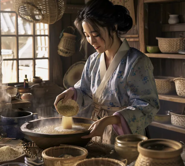 a woman in a kimono pouring rice into a bowl