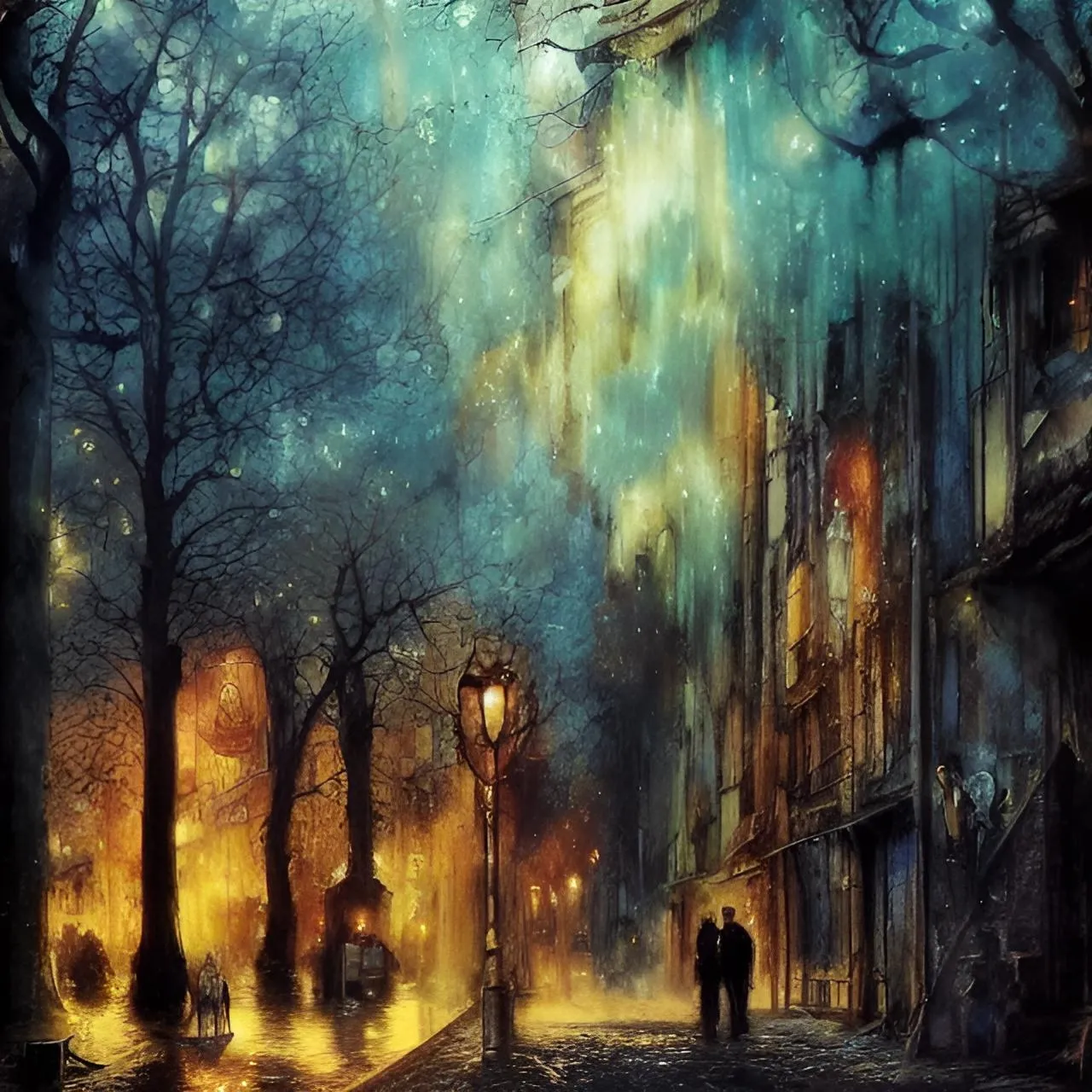 a painting of a couple walking down a street at night