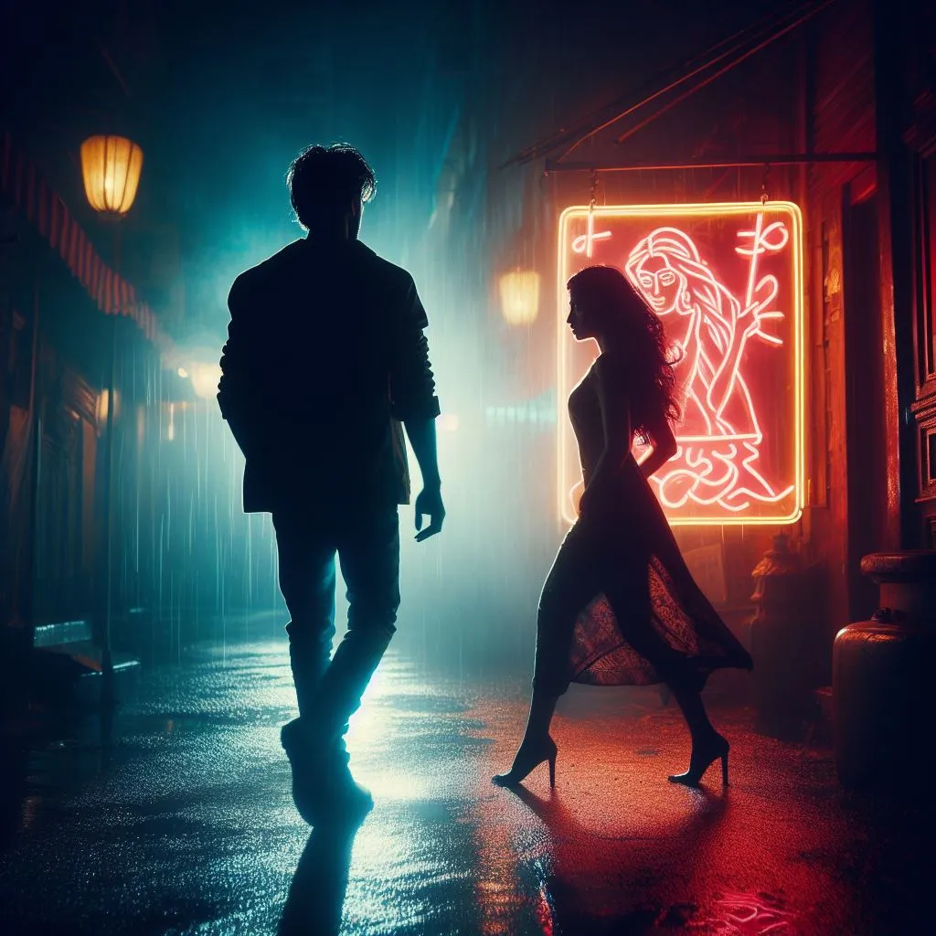 The female protagonist defiantly walks away from the male protagonist, her silhouette illuminated by a neon sign.