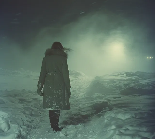 a woman walking through a snow covered field