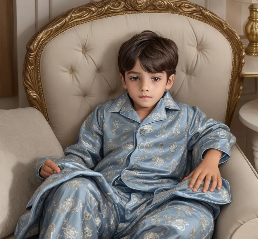 a young boy sitting in a chair wearing pajamas