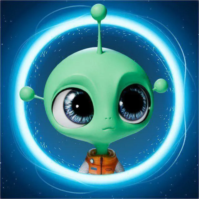 a green alien with big eyes in a blue circle, Delight