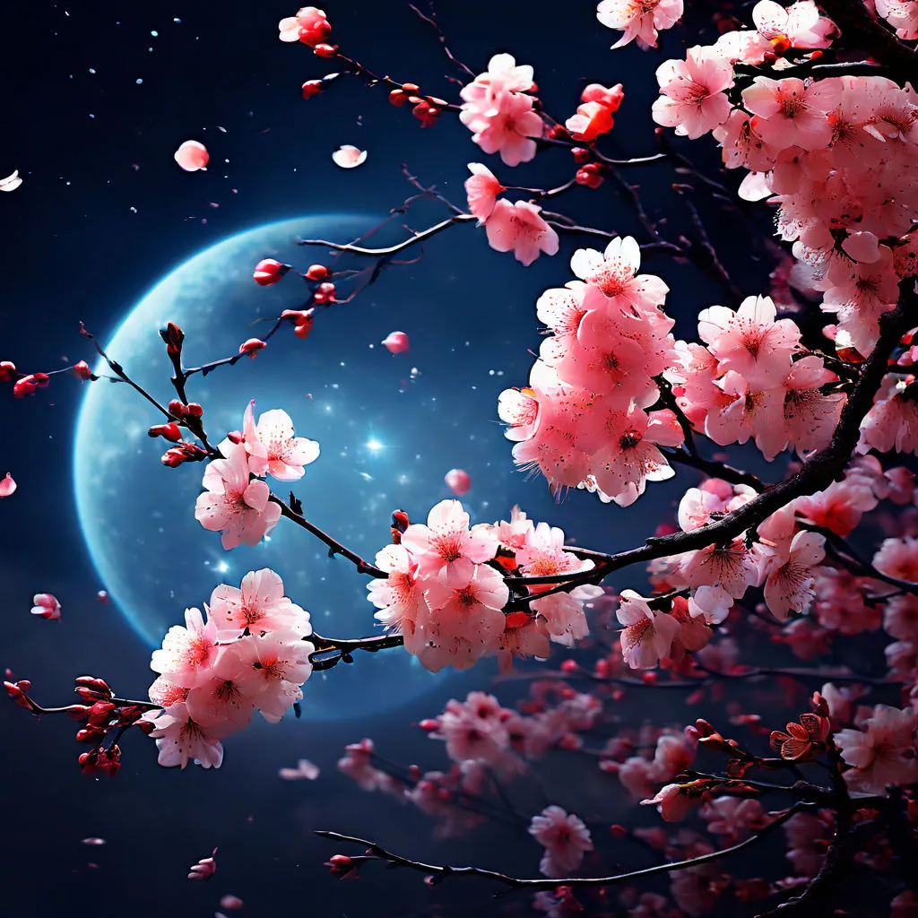 a full view of a full moon and some pink flowers