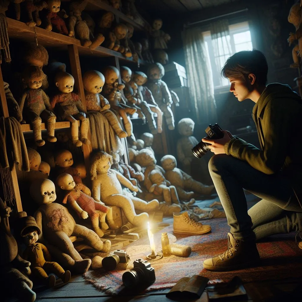 a boy sitting in front of a pile of stuffed animals