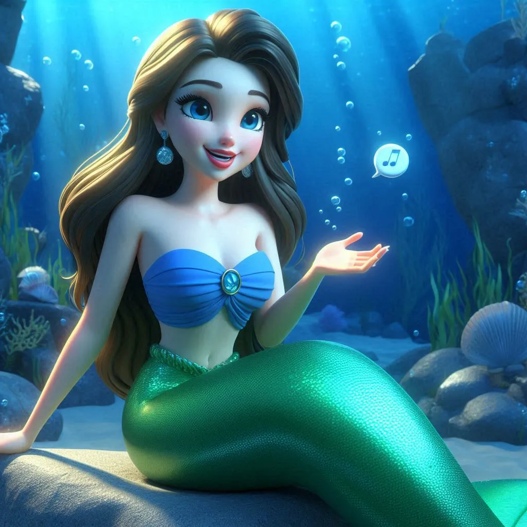 a beautiful mermaid wearing blue  tube blouse,  green tail swiiming under the sea sitting on stone  talking 3D animation cartoon  