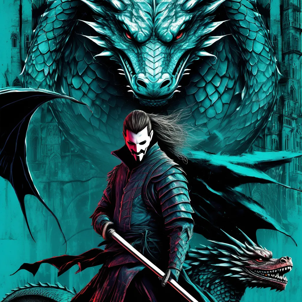 a man with a sword standing next to a dragon