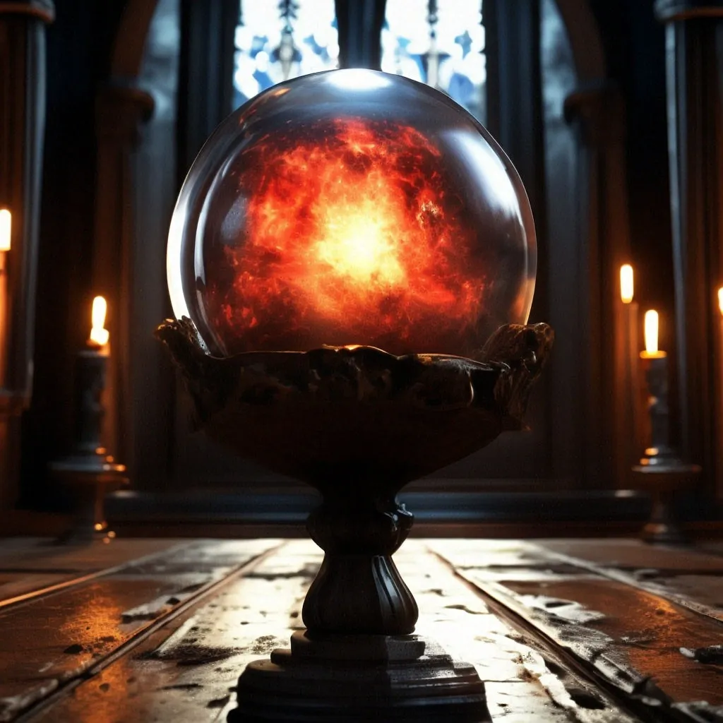 A ball of fire suspended in a clear crystal bowl, casting rainbow reflections on nearby objects, in a bright, minimalist setting