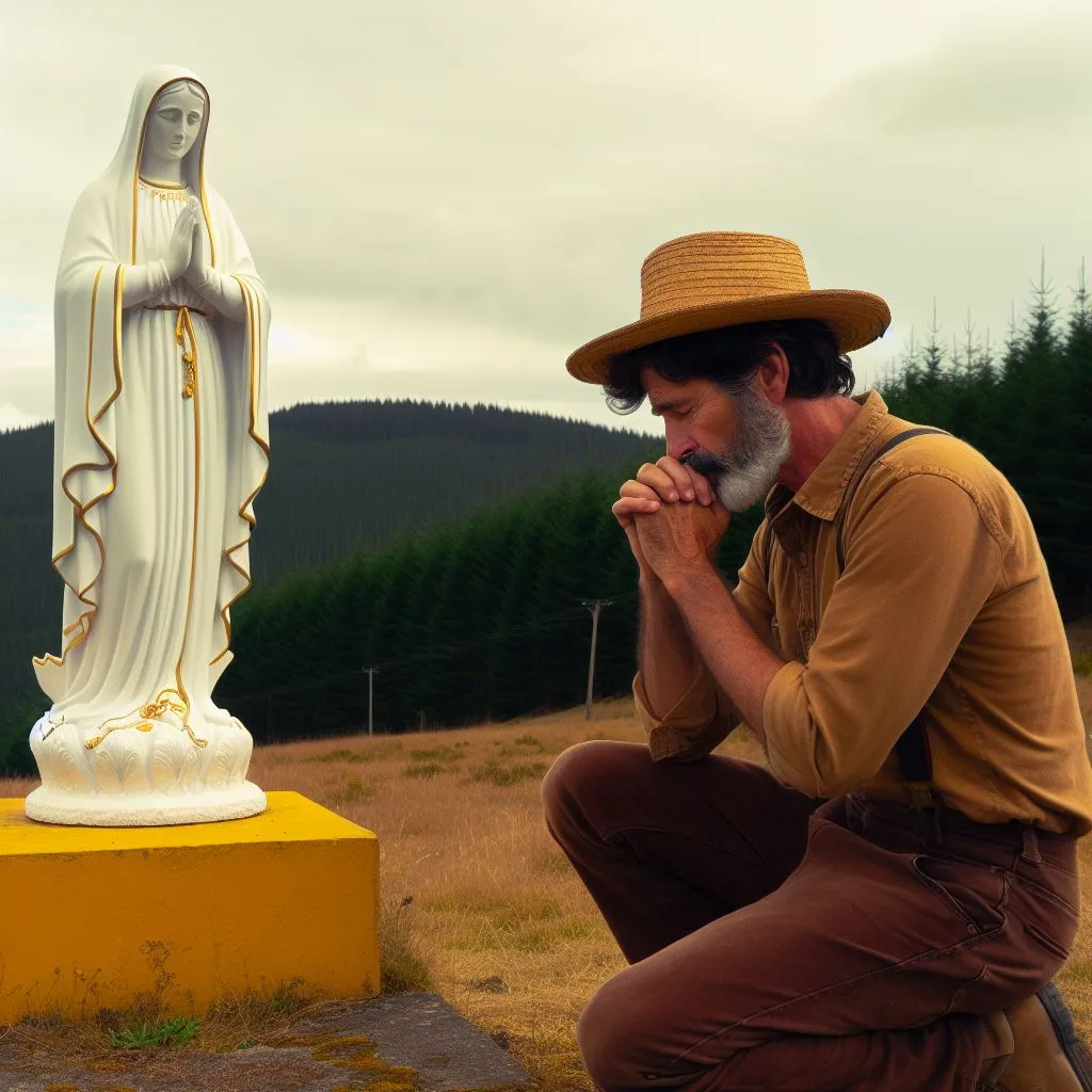 a man kneeling down next to a statue