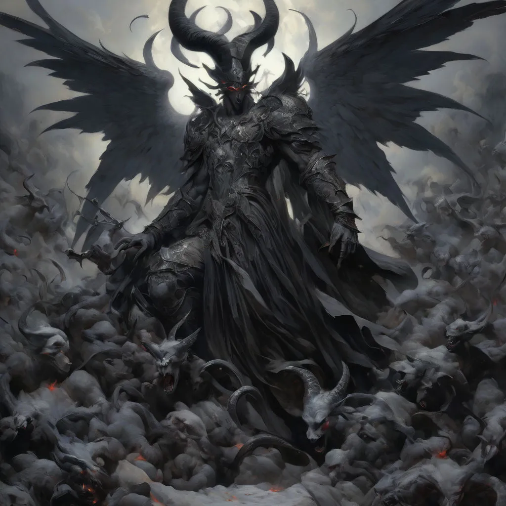 a demonic demon standing in front of a crowd of skulls