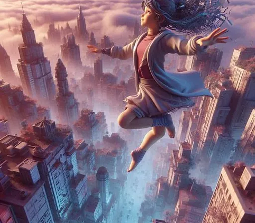 a woman flying through the air over a city