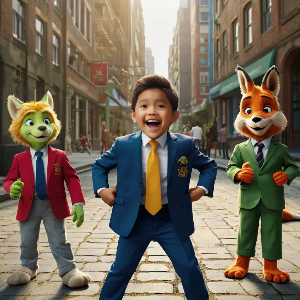 a young boy in a suit and tie standing in front of a group of cartoon, happy, moving and talking to each other