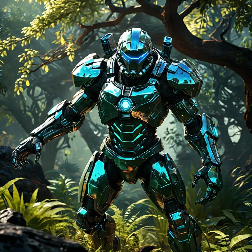 a robot suit standing in the middle of a forest