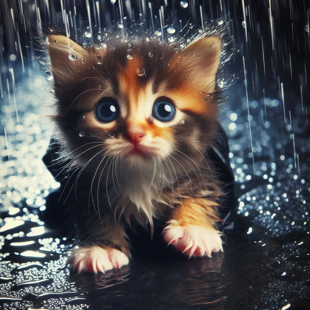 a small kitten sitting in the rain with blue eyes