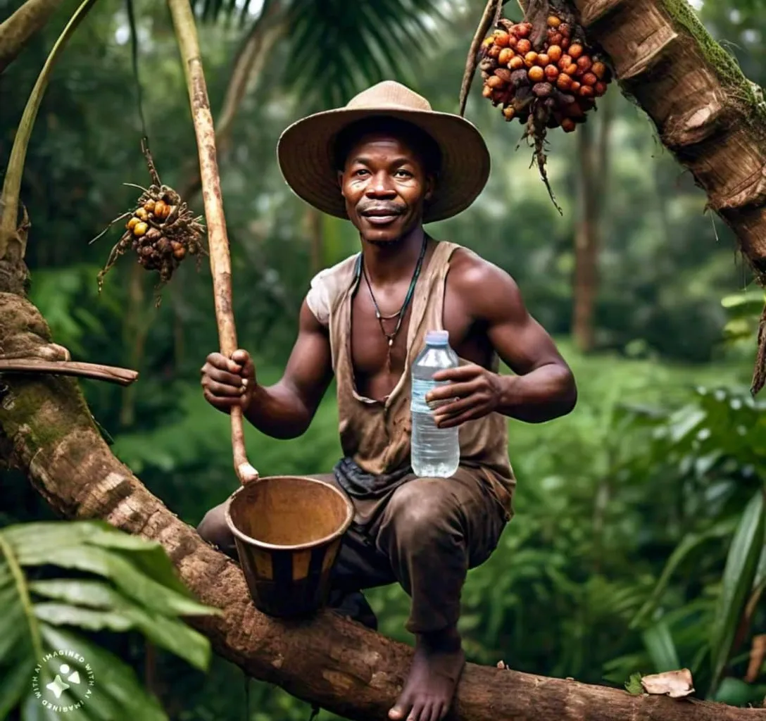 a man sitting on a tree holding a bucket and a bottle of water