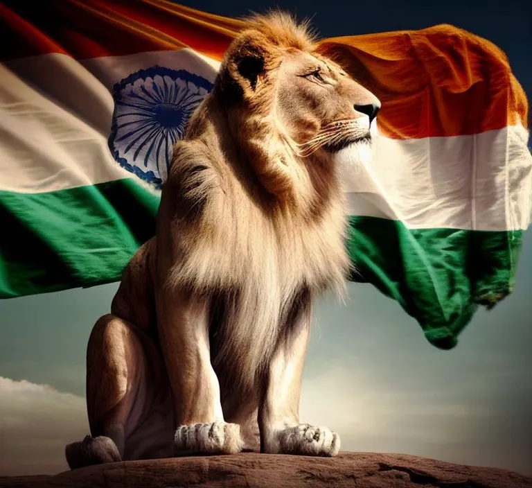 A military officer standing next to a flag with a lion sleeping in the background