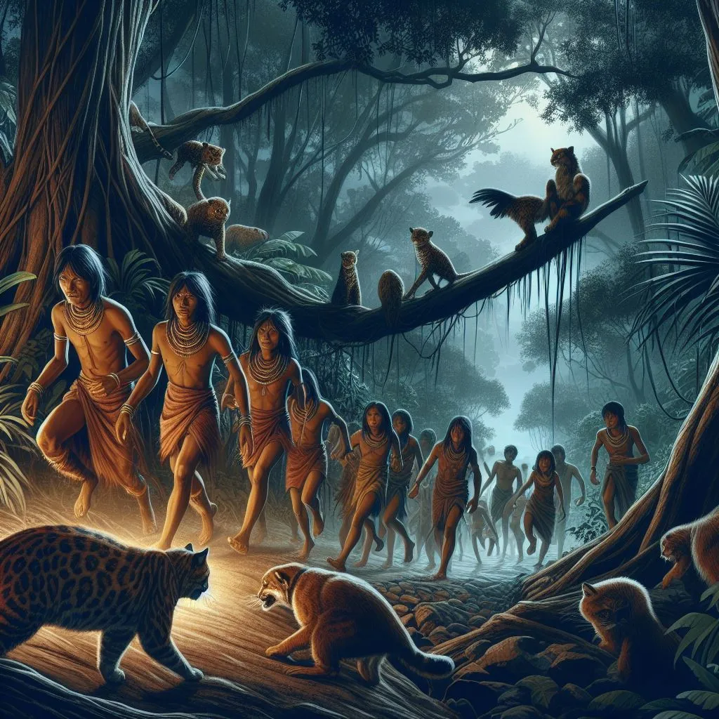 a painting of a group of people and animals in a forest