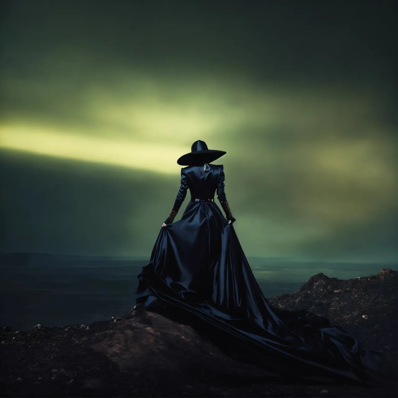 a woman in a black dress standing on top of a hill